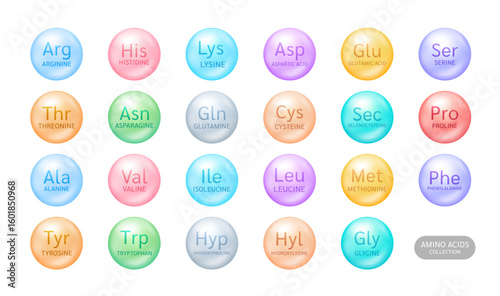 Amino acid ball collection on white background. Vitamins complex. Used for design cosmetic or dietary supplement products. 3D vector.
