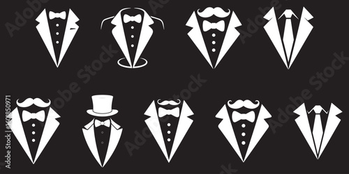 Elegant Tuxedo Suit Icons Set – Vintage Gentleman Logo Design Elements