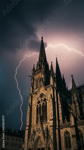 Gothic Cathedral Under Stormy Sky with Lightning