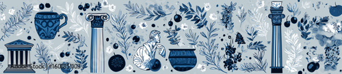 Design drawings suitable for laser engraving, featuring blue and white porcelain motifs with Greek elements in various shapes such as vases, olive branches, statues, pillars, columns, pomegranates.