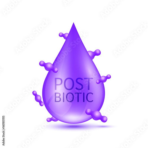 Purple water drop postbiotic on white background. Good bacterial flora for intestine and stomach. For designing dietary supplements healthy. Vector.