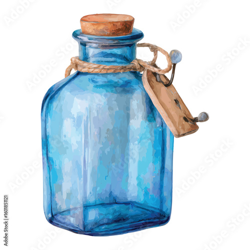 Blue glass bottle with cork and tag watercolor illustration transparent background blue bottle