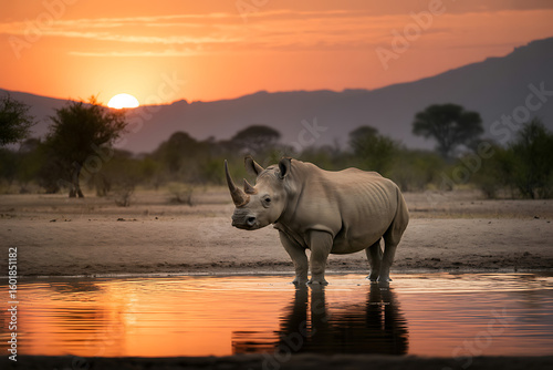 Rhino in waterhole at sunset africa wildlife photography safari adventure