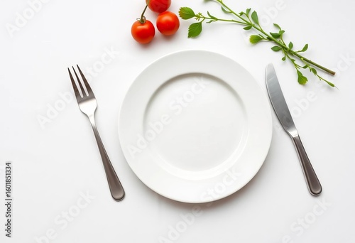 Empty white plate, knife, fork, clean tablecloth, minimalist food photography setup,  space,  meal