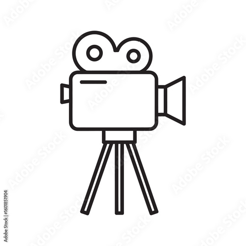 Vintage film camera on tripod vector line icon representing cinema production movie making and professional videography equipment for filmmaking