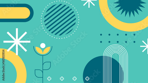 Teal abstract shapes with a flower and snowflakes. Suitable for winter themed designs, backgrounds, stationary, and seasonal marketing materials.