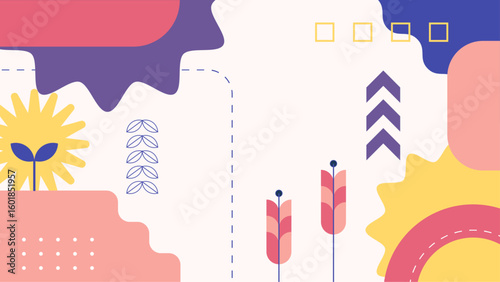 Abstract image of colorful shapes and stylized flowers, perfect for backgrounds, posters, and promotional materials with a modern and vibrant touch.