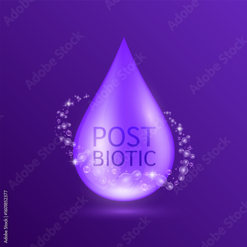 Purple water drop postbiotic surrounded by glowing ring bacteria. Good dead bacterial flora for stomach intestine. Health care immunity. For design dietary supplement products ads. Vector.