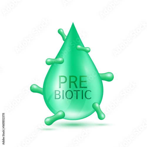 Green water drop prebiotic on white background. Good bacterial flora for intestine and stomach. For designing dietary supplements healthy. Vector.