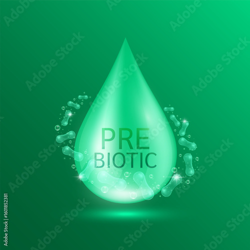 Green water drop prebiotic surrounded by glowing ring bacteria. Good dead bacterial flora for stomach intestine. Health care immunity. For design dietary supplement products ads. Vector.