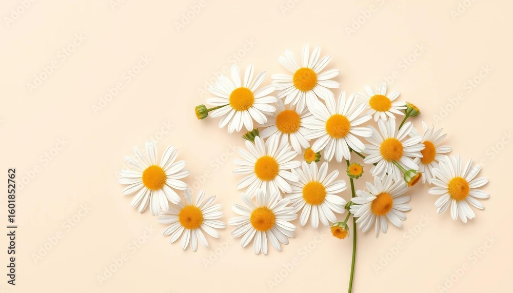 Obraz premium Delicate chamomile daisies arranged on a soft beige backdrop, ample negative space , gentle, picture