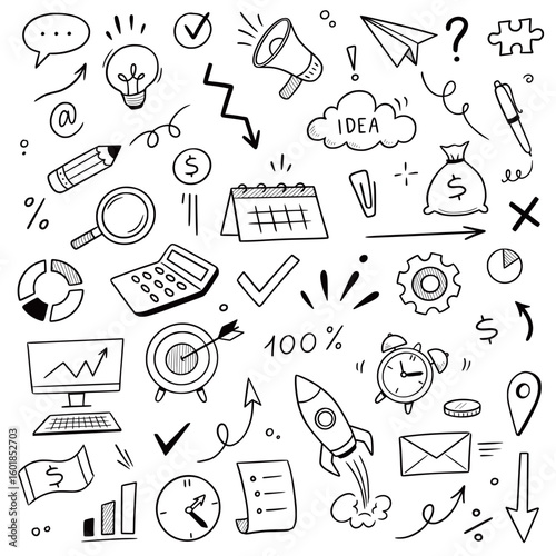 Business money sketch idea icon set. Hand drawn sketch elements for startup, project, goal and teamwork. Business graphic chart, rocket, growth marketing concept in chalkboard. Vector illustration