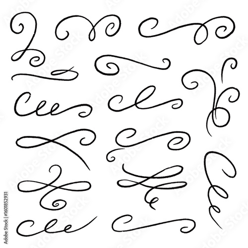 Line ornament flourish calligraphy swirl set. Hand drawn pencil and chalk flourish, curve, tail and brush swoosh for wedding design. Elegant doodle divider, font stroke. Vector illustration