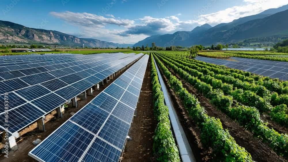 Green Energy Harmony: An expansive solar panel field stretches alongside lush rows of grapevines, painting a vibrant tableau of sustainable energy production.