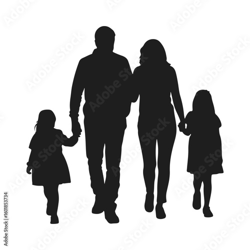 parents two children walking together silhouette