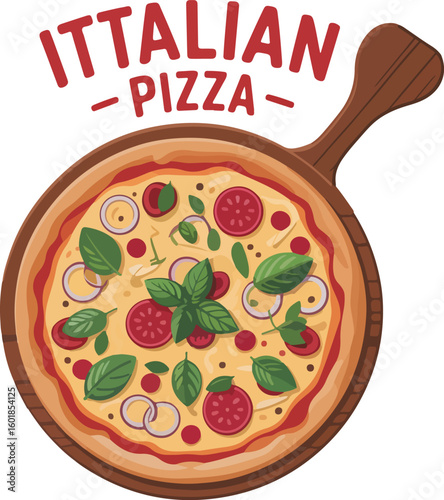 A delicious Italian pizza on a wooden serving board, topped with fresh ingredients. transparent png vector