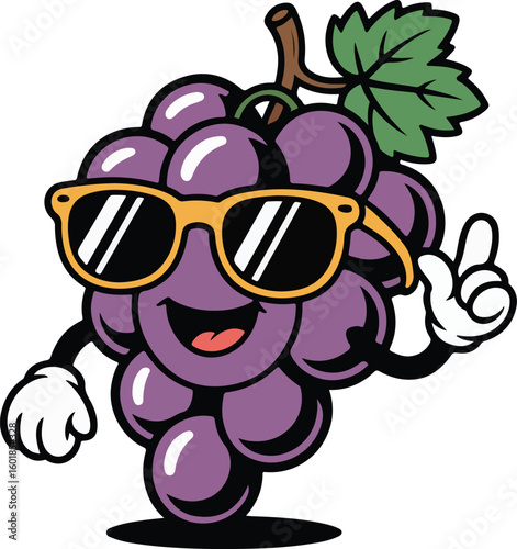 A cool grape character with sunglasses, green leaf, and smiling face transparent png vector