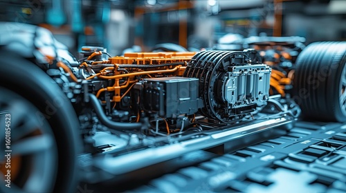 Intricate internal structure of an electric vehicle's motor with wires, battery pack, and components. 