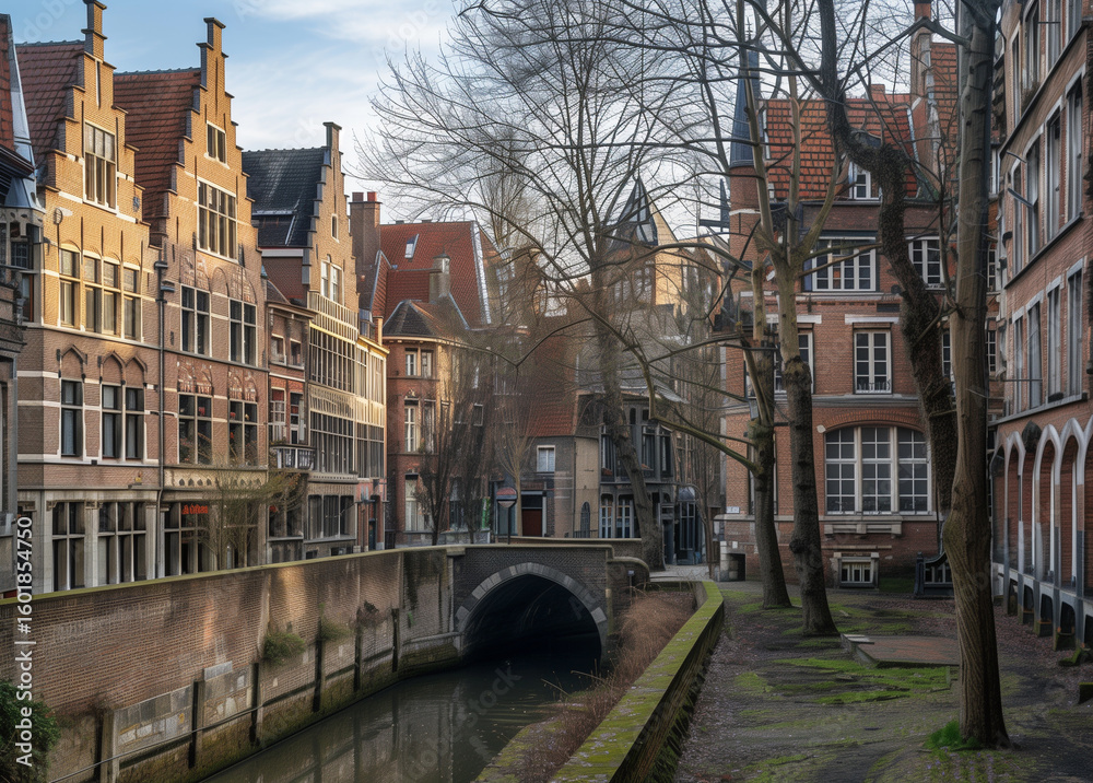 Naklejka premium Charming architecture: brick buildings with red roofs and canal view