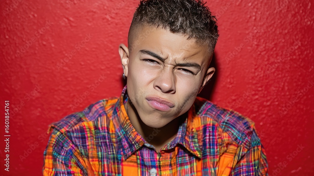 Fototapeta premium Young Man in Vibrant Plaid Shirt Posing Against Red Wall with Intense Expression