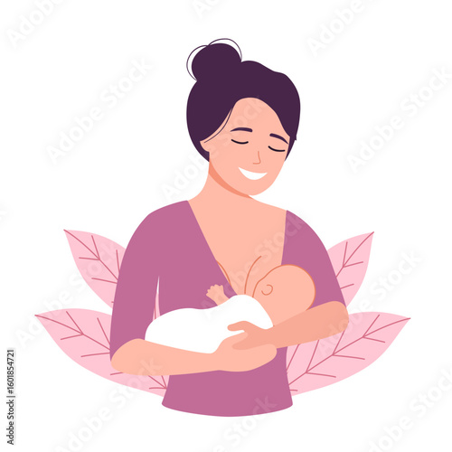 Mother breastfeeding newborn baby in her arms flat design.