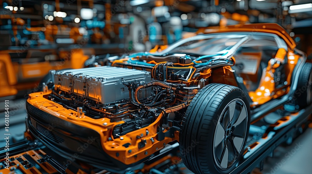 Intricate internal structure of an electric vehicle's motor with wires, battery pack, and components. Intricate internal structure of an electric vehicle's motor with wires, battery pack, and components.