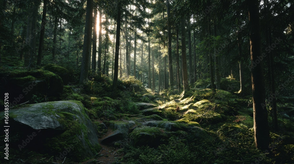 Obraz premium Serene Forest Landscape with Sunlight Filtering Through Tall Trees and Lush Green Moss Covering Rocks and Ground