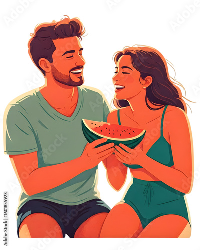 Smiling Couple Sharing a Slice of Watermelon in Teal and Coral Colors with Transparent Background Perfect for Summer Designs and Fun Illustrations