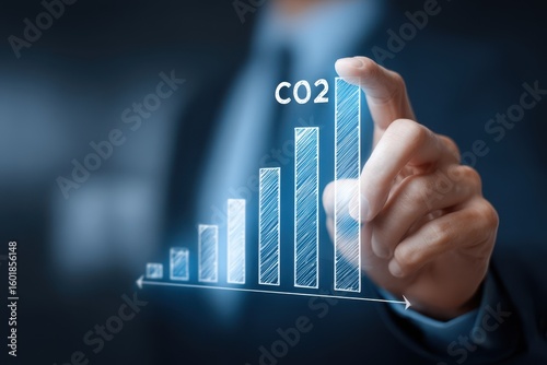 Graph concept showing businessman s hand increasing CO2 emissions