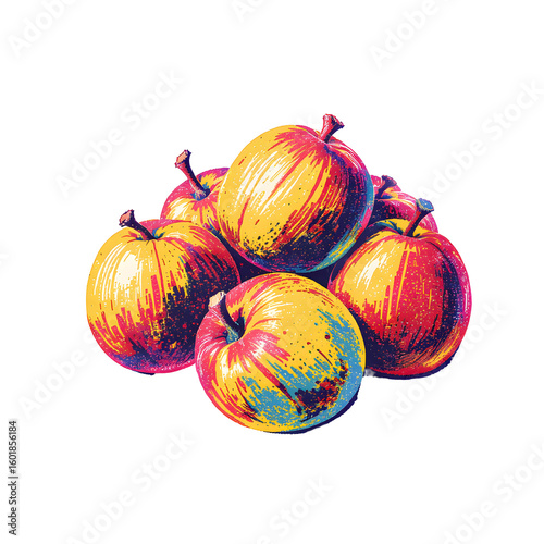 Stylized Apples with Retro Pixel Art Rendering on Transparent Backdrop in Blue Yellow and Red Hues