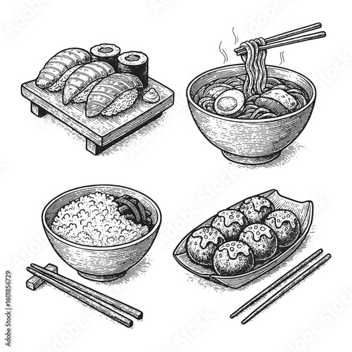 Vintage black and white sketch of Japanese foods like sushi, ramen, takoyaki, and rice.