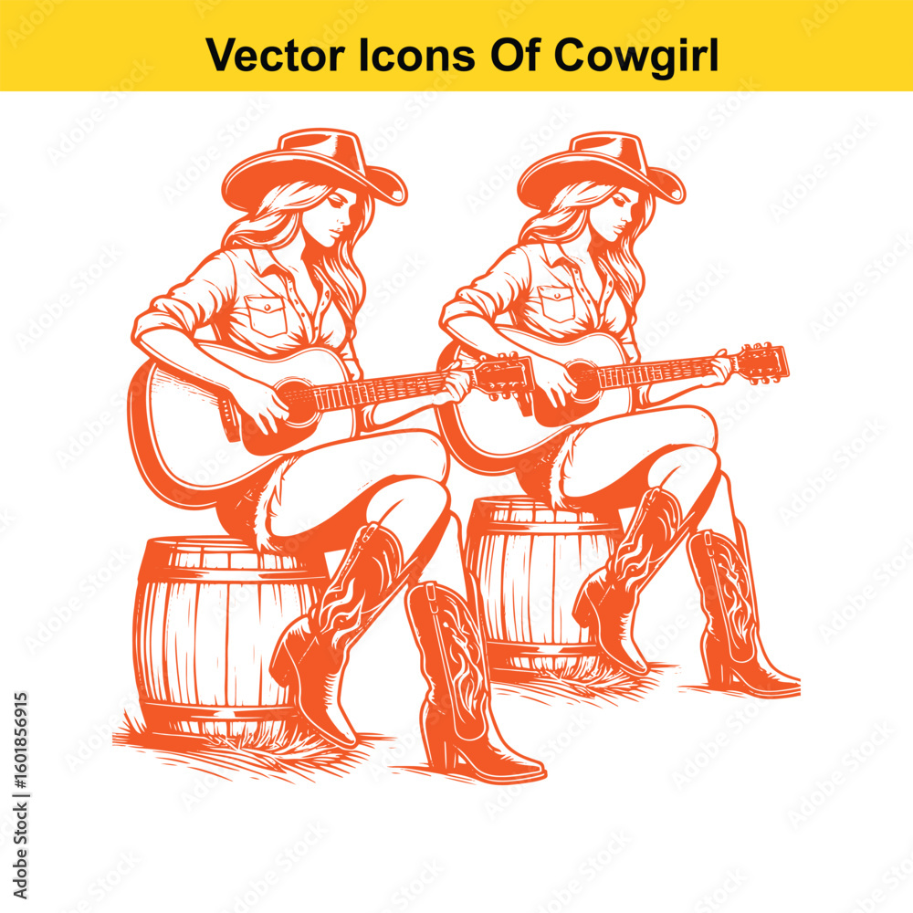 Fototapeta premium Cowgirl Playing Guitar – Western Line Art Vector Illustration