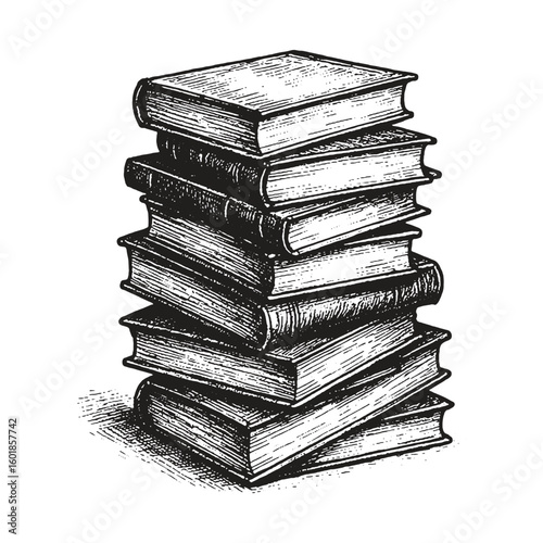 Vintage black and white sketch of a messy stack of books, drawn with rough ink lines.