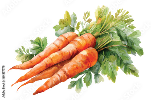 Watercolor illustration of fresh carrots with green leaves on white background vegetable