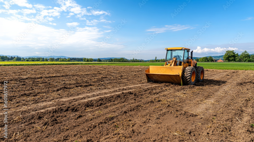 Obraz premium Yellow tractor, agricultural field, soil preparation, rural landscape, sunny day