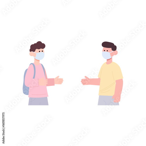  children in masks, socially distancing, and greeting each other.