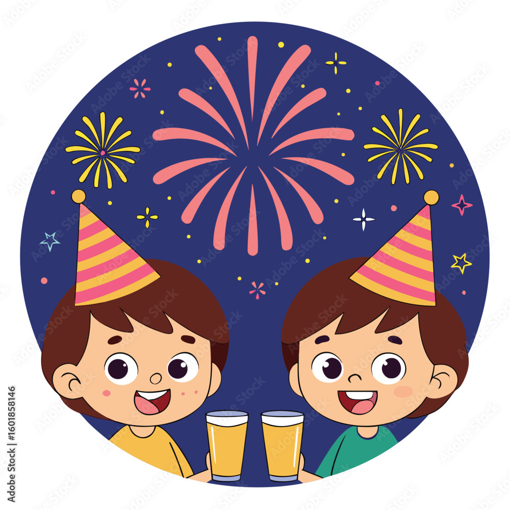 Naklejka premium Happy birthday party with smiling kids and a cartoon celebration scene