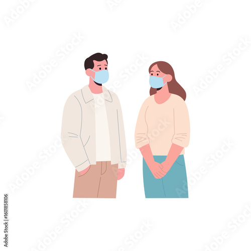 Couple wearing face masks, social distancing.