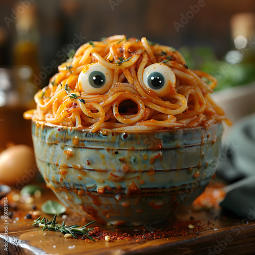 Spaghetti monster with googly eyes in a rustic bowl pasta food