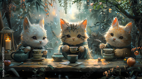Three adorable kittens enjoying a tea party in a whimsical forest setting image
