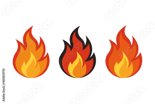 Three stylized cartoon flames in red orange and yellow colors on a white background representing heat and energy