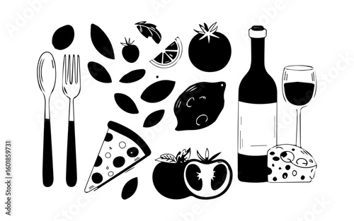  Dinner icons in doodle style. Pasta, olive, pizza, cheese, tomato, food