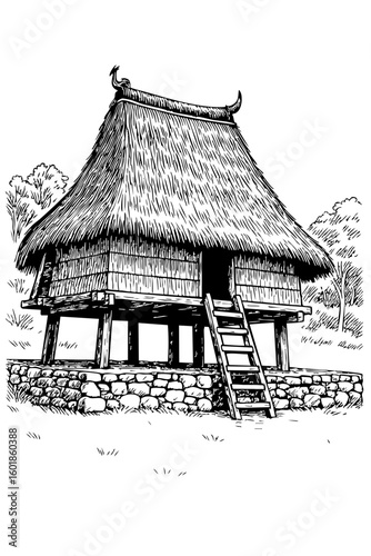 "Traditional Timorese House – Black and White Line Art Illustration"