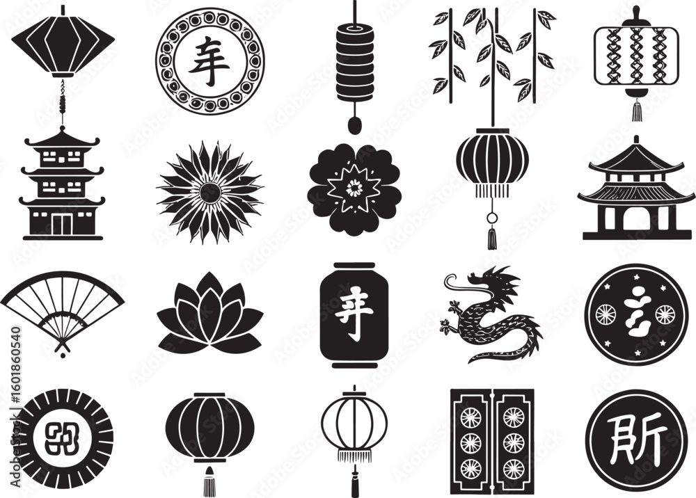 Naklejka premium Chinese New Year Elements Icon Set Silhouette Vector Graphics