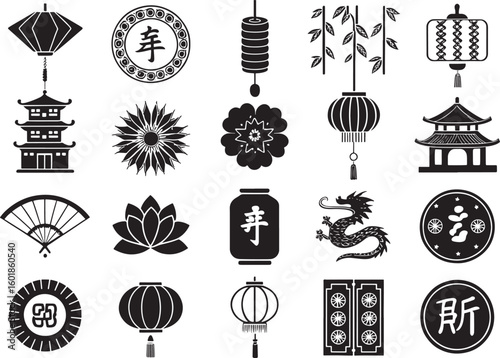 Chinese New Year Elements Icon Set  Silhouette Vector Graphics