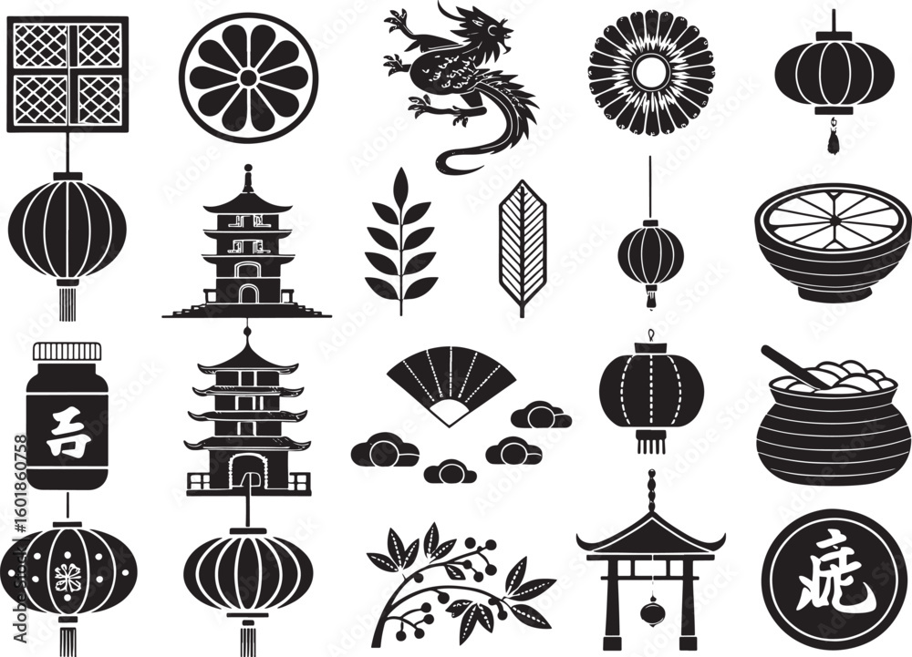 Naklejka premium Chinese New Year Elements Icon Set Silhouette Vector Graphics
