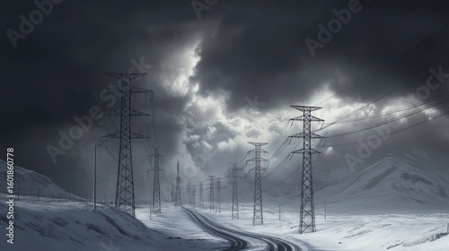 Snowy landscape with power lines under stormy sky.