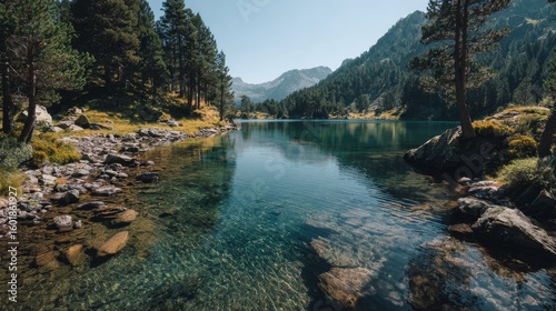 Serene Mountain Lake Surrounded by Lush Forests and Majestic Peaks Under a Bright Blue Sky in Nature's Tranquil Paradise