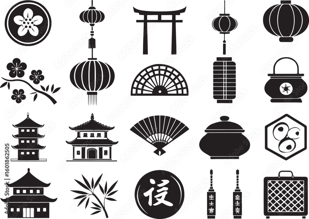 Fototapeta premium Chinese New Year Elements Icon Set Silhouette Vector Graphics