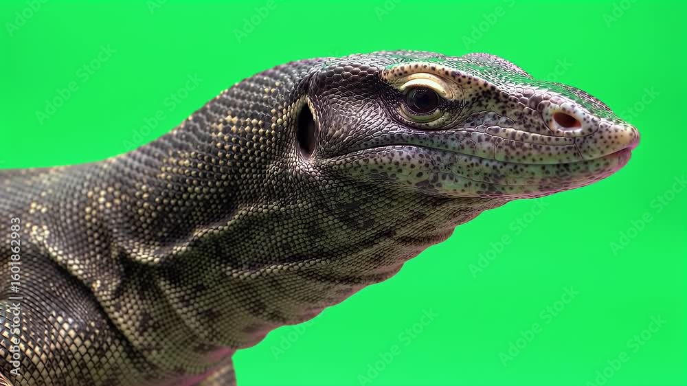 Close-up profile of a monitor lizard with detailed scales against a ...
